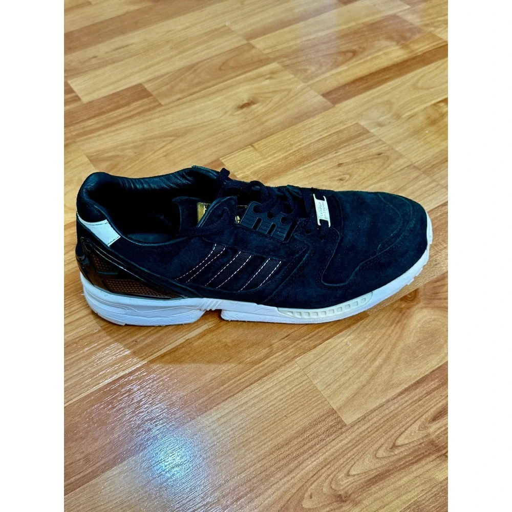 Adidas La Marque Aux 3 Bandes Mens Black Suede Gold Accent Sneakers ~‎ Sanitized